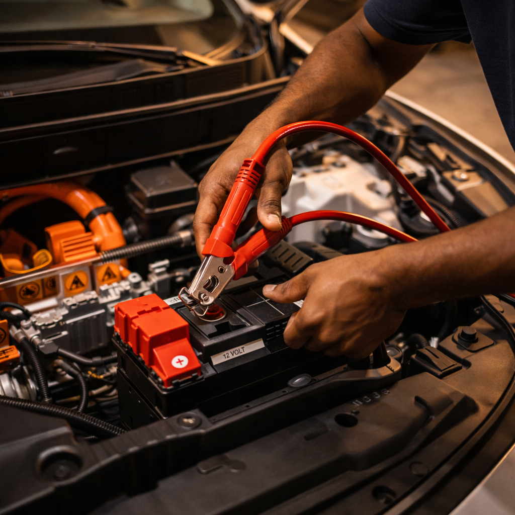 Person carefully connecting jumper cables to the 12-volt battery terminal of a hybrid vehicle with orange high-voltage warning labels visible in the engine bay