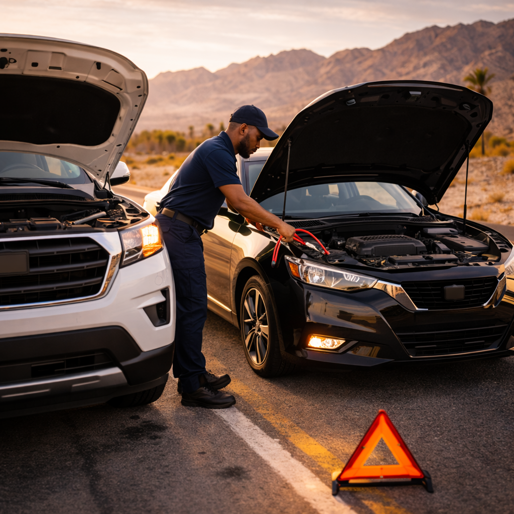 Roadside assistance technician working on an SUV and a sedan parked side by side on a Las Vegas area road