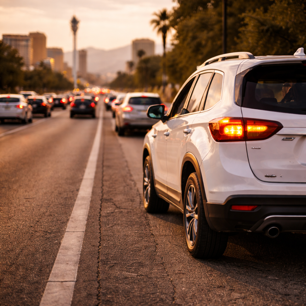 Vehicle with hazard lights flashing pulled safely off a busy Las Vegas road to the right shoulder with heavy traffic visible in the background