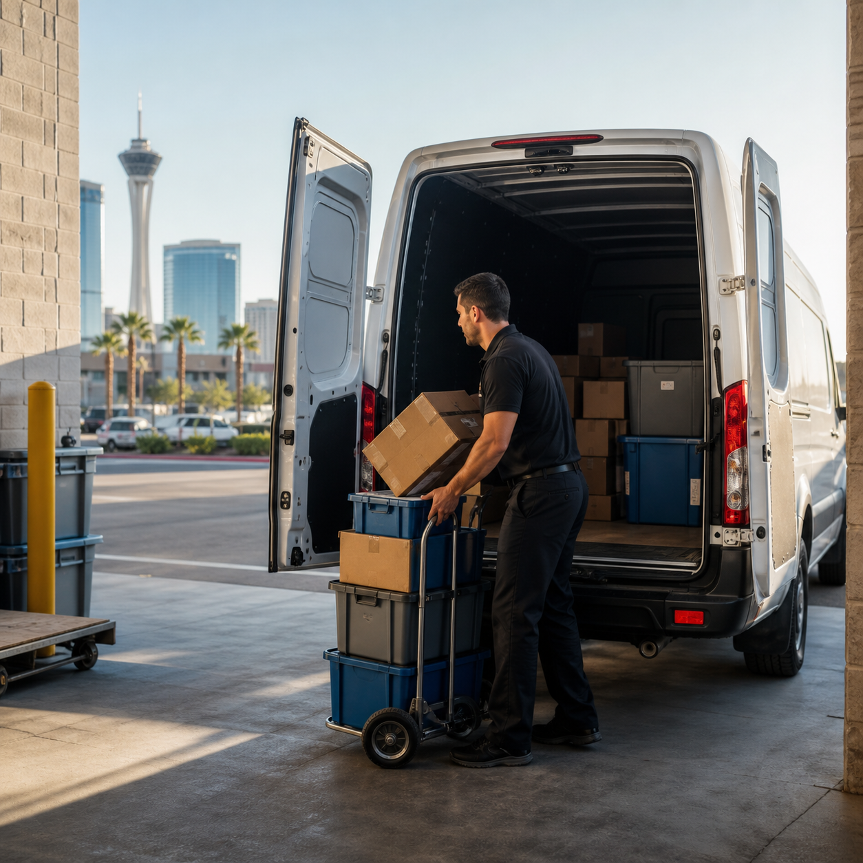 Cargo van courier loading business supplies at a Las Vegas loading dock for a recurring weekly delivery route