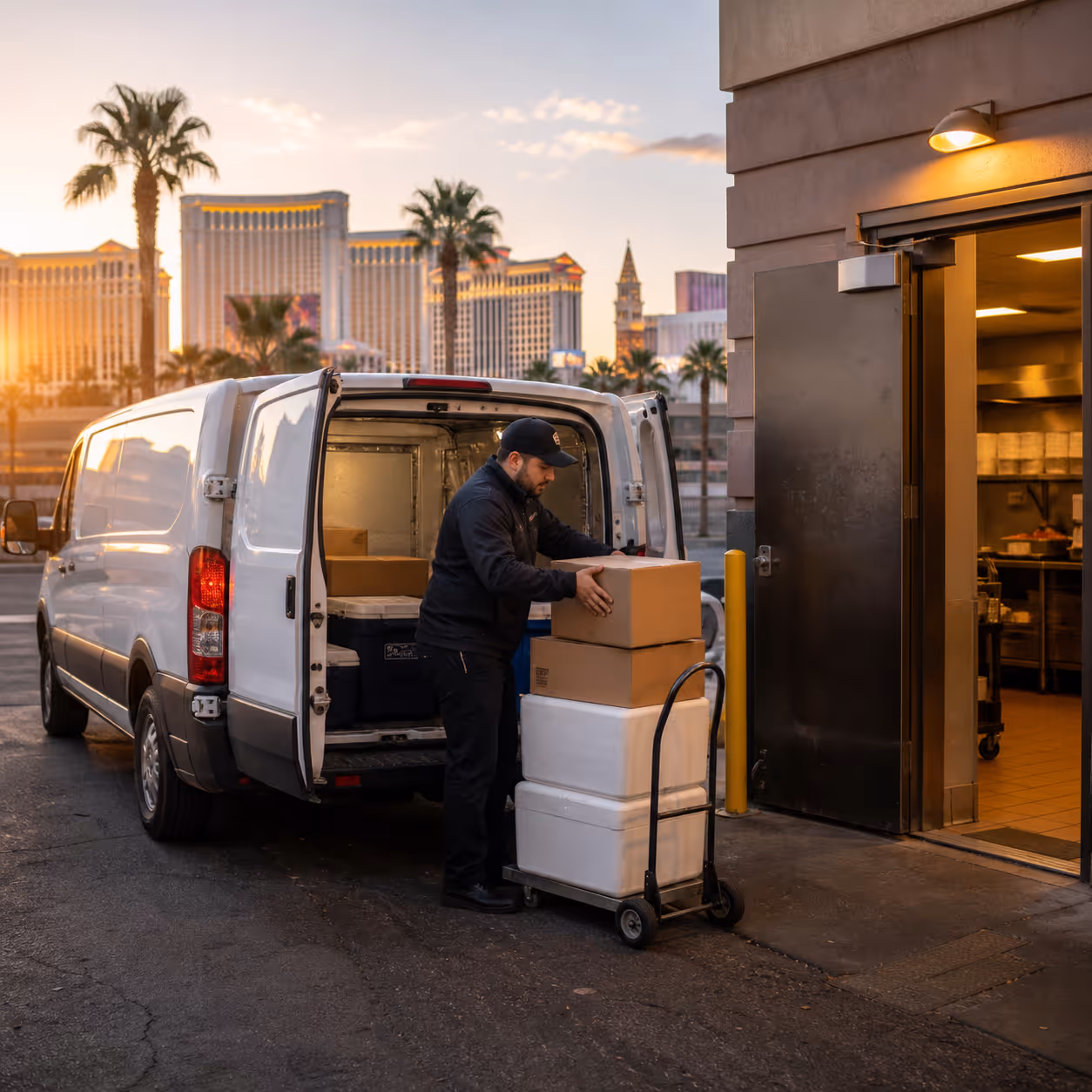  Cargo van courier loading sealed coolers and restaurant supply boxes at a Las Vegas restaurant back entrance for a local delivery route