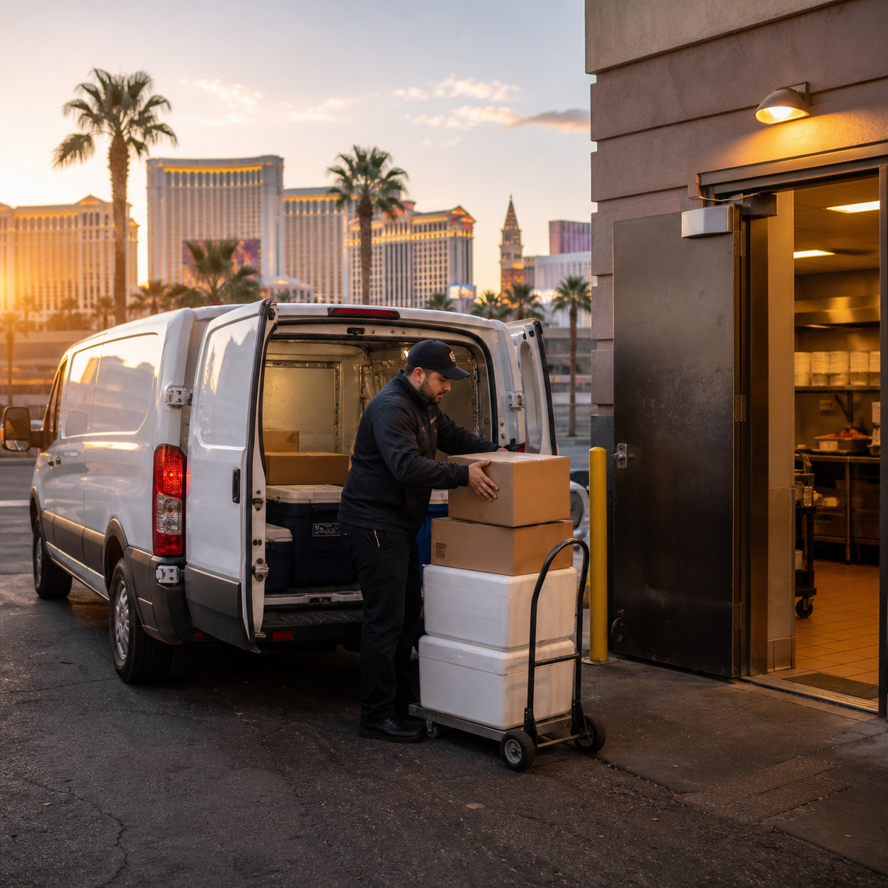 Cargo van courier loading sealed coolers and restaurant supply boxes at a Las Vegas restaurant back entrance for a local delivery route