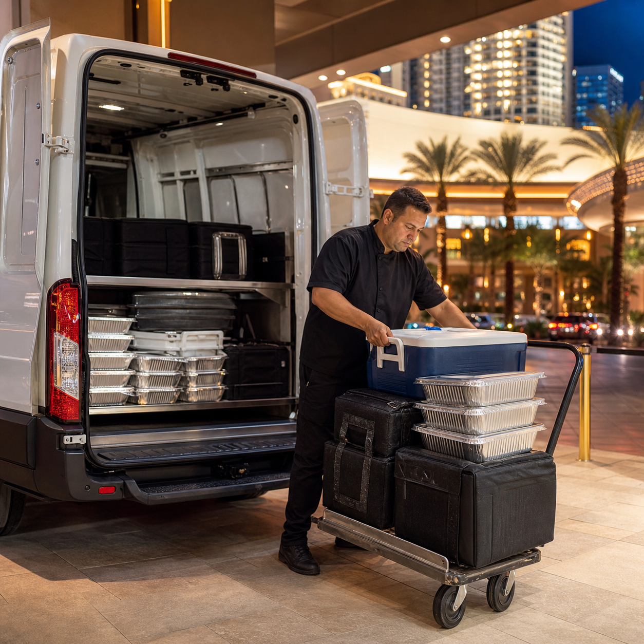 Cargo van courier loading sealed catering trays and coolers at a Las Vegas event venue for local food delivery