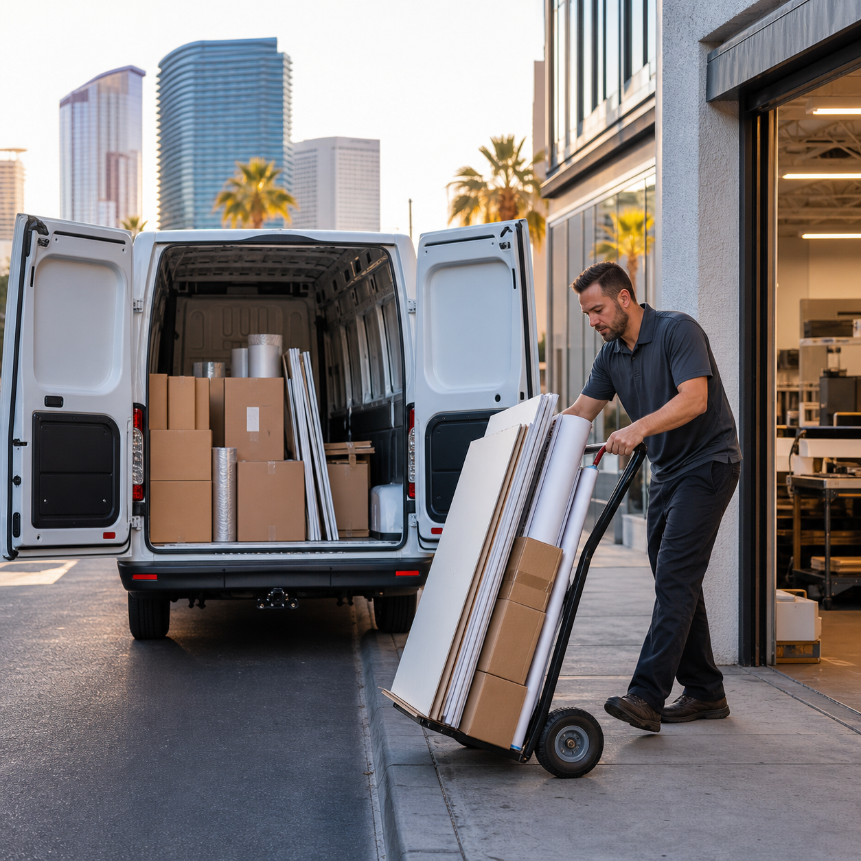 Cargo van courier loading banners, foam board signs, and promo boxes at a Las Vegas print shop for local delivery