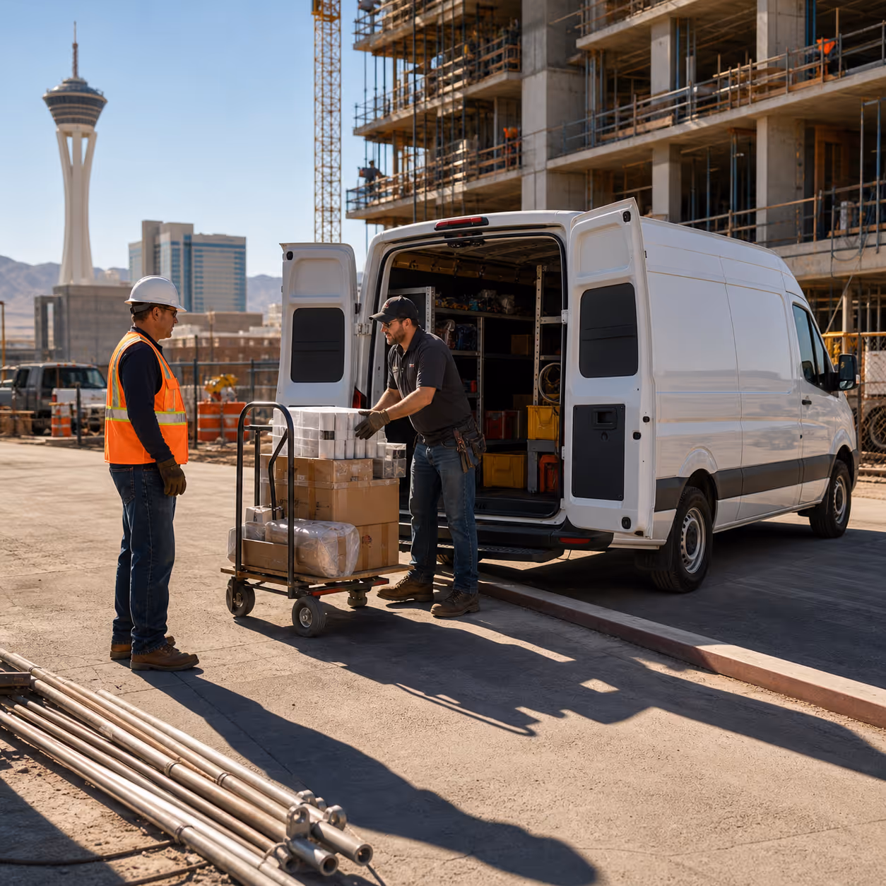 Cargo van courier unloading boxed contractor supplies and tools at a Las Vegas jobsite for same day material delivery