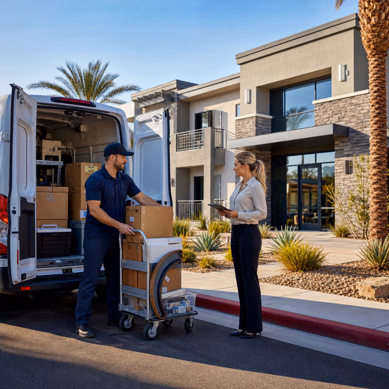 Cargo van courier delivering maintenance supplies, property signs, and sealed key envelopes to a Las Vegas apartment office