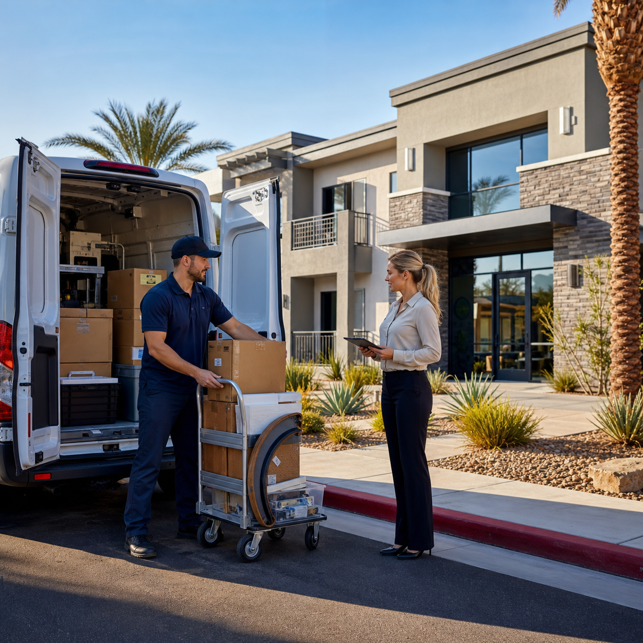 Cargo van courier delivering maintenance supplies, property signs, and sealed key envelopes to a Las Vegas apartment office