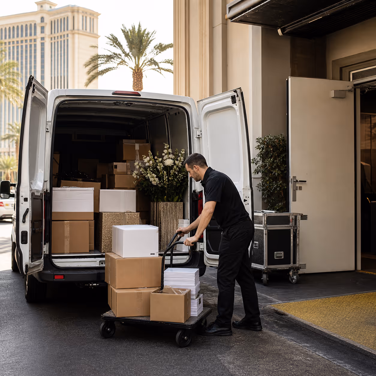 Cargo van courier unloading vendor boxes and event supplies at a Las Vegas resort service entrance
