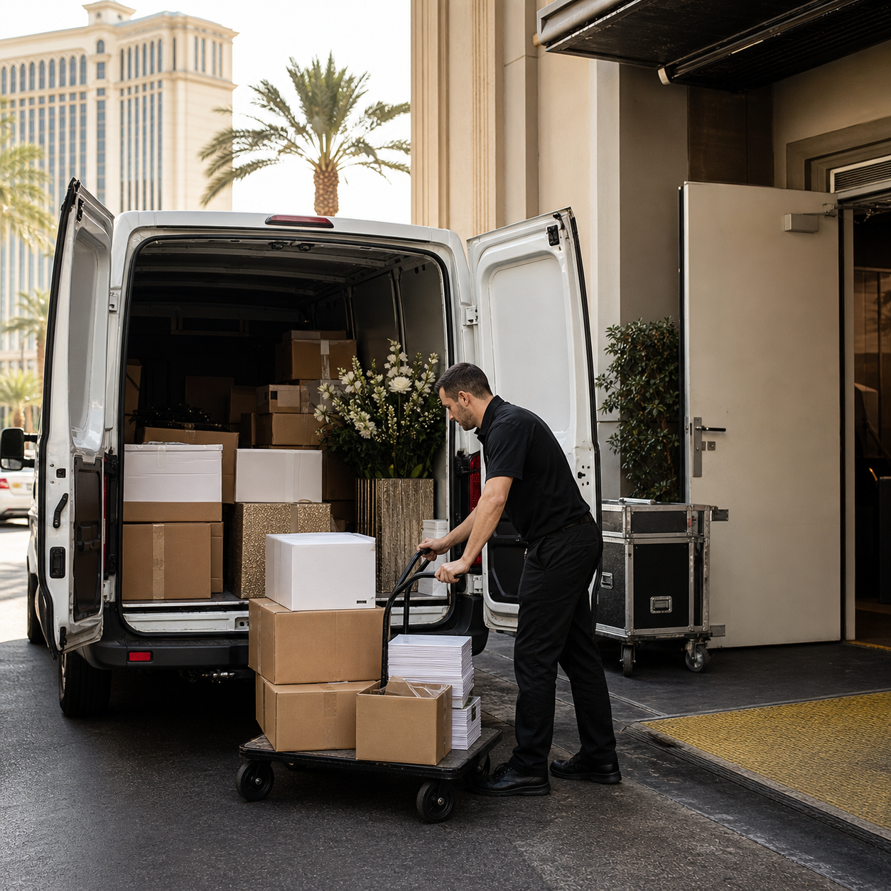 Cargo van courier unloading vendor boxes and event supplies at a Las Vegas resort service entrance