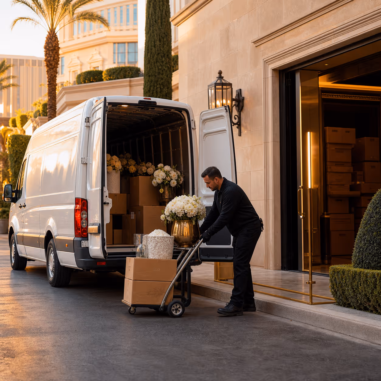 Cargo van courier loading floral boxes, vases, and event decor supplies at a Las Vegas wedding venue