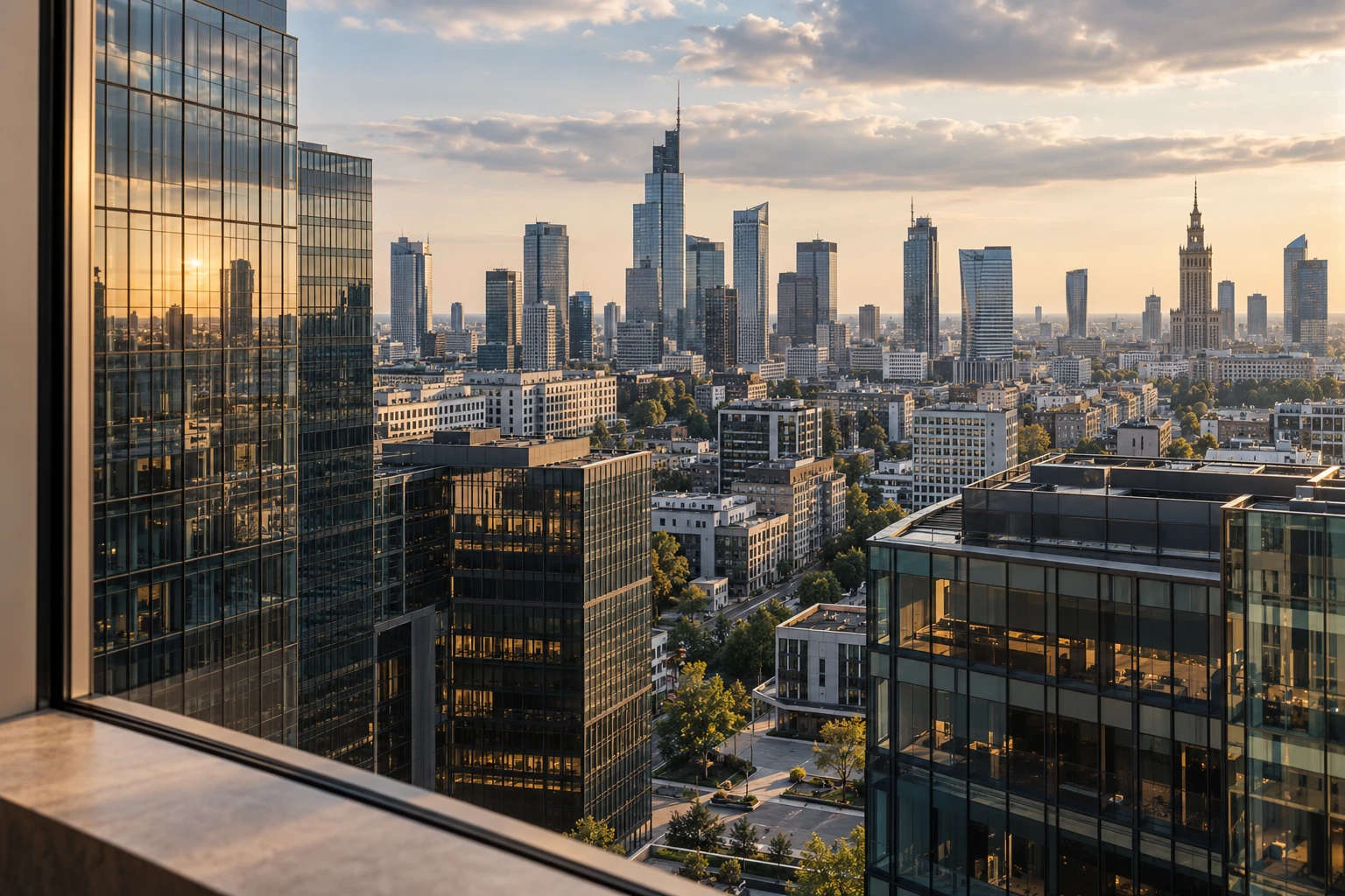 Nowoczesna architektura miasta w ciepłym świetle — ilustracja Retcon Solutions