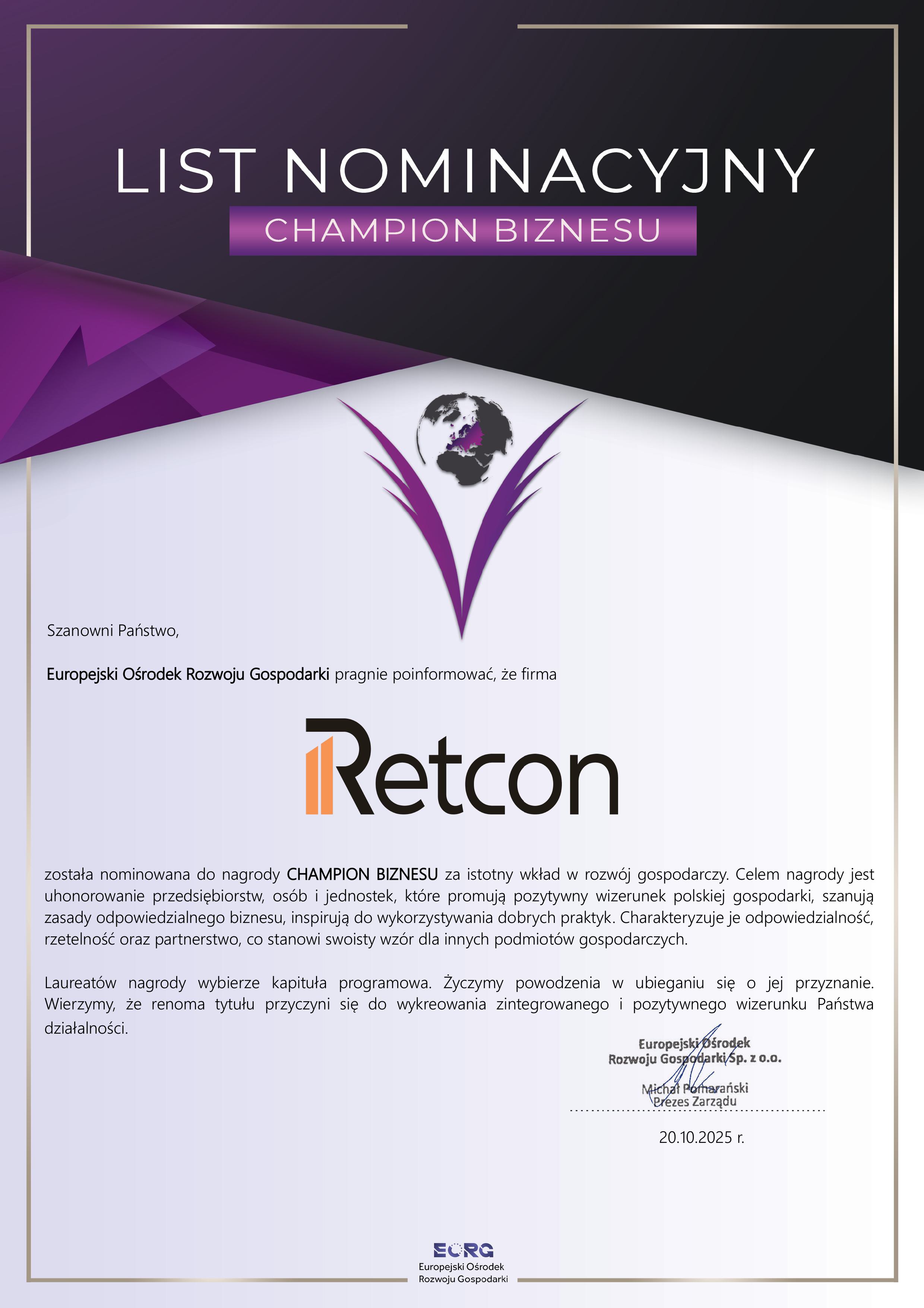 Ilustracja do artykułu: Retcon z nominacją do nagrody Champion Biznesu