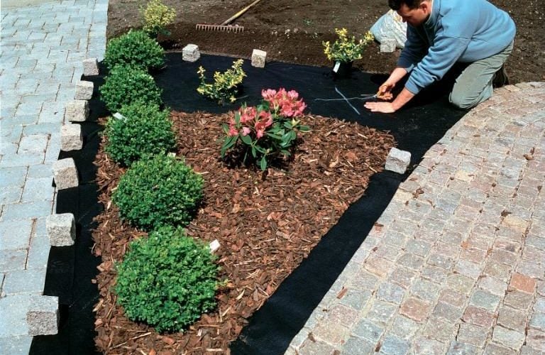 a gardener putting geotex in his garden