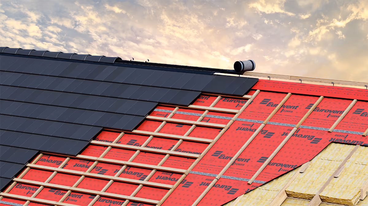 Eurovent roof foil covered by roof tiles on a house
