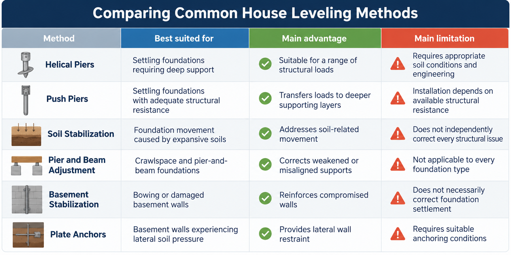 Comparison of six house leveling and foundation stabilization methods, including helical piers, push piers, soil stabilization, and pier and beam adjustment.
