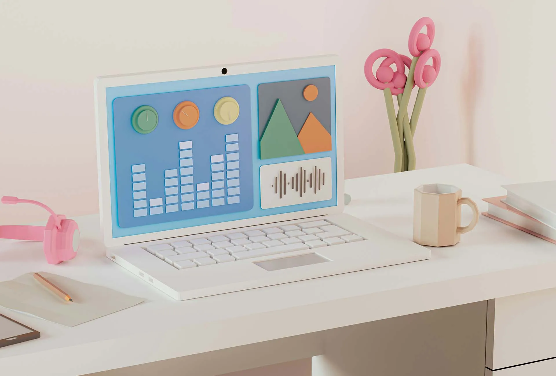 3d render of computer with graphs