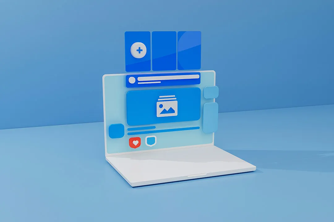 3d render of blue laptop with page layout