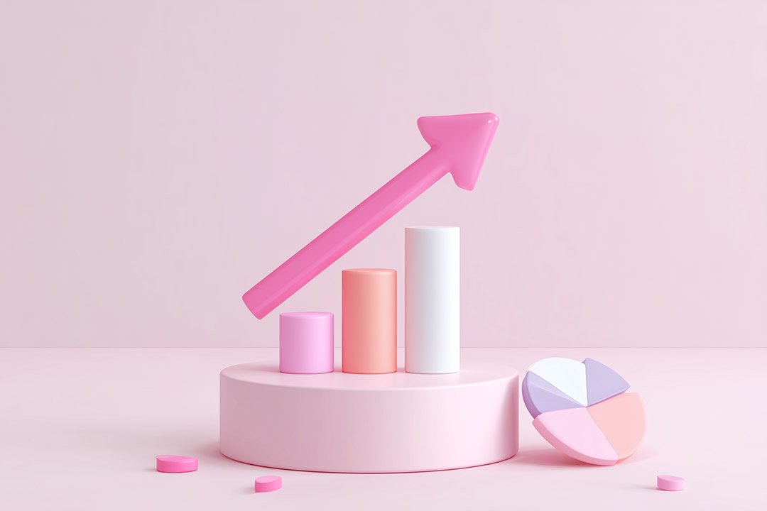 3d render of bar chart and arrow
