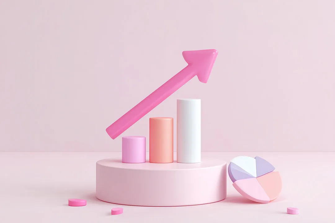 3d render of bar chart and arrow