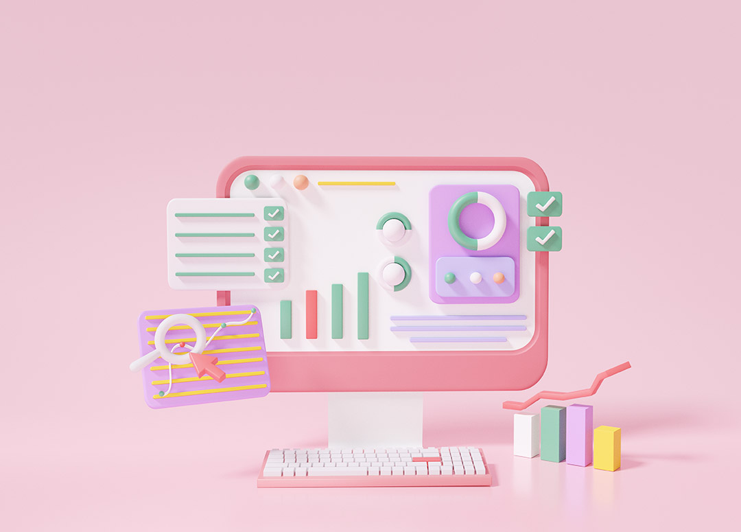 3d render of computer with charts