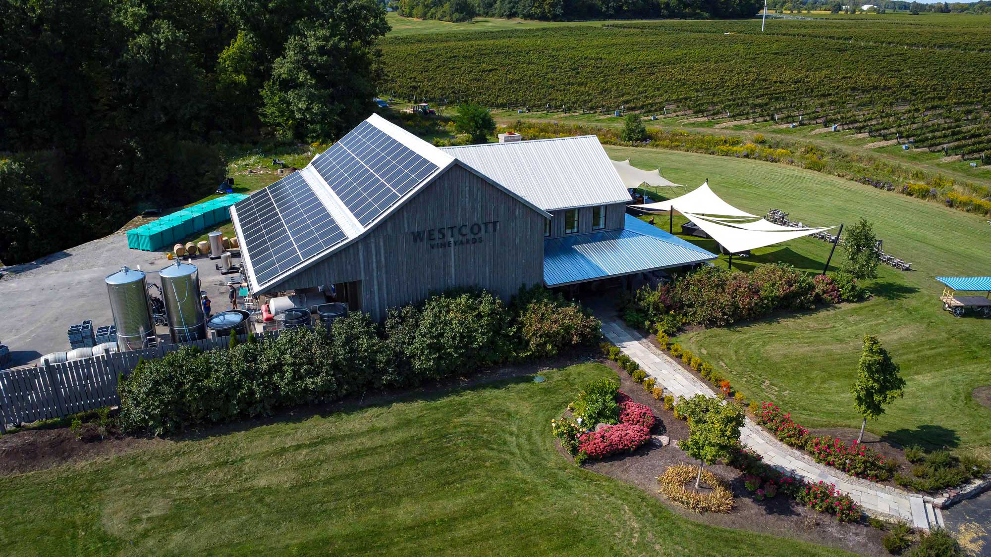 winery with solar panels on roof set in a vineyard