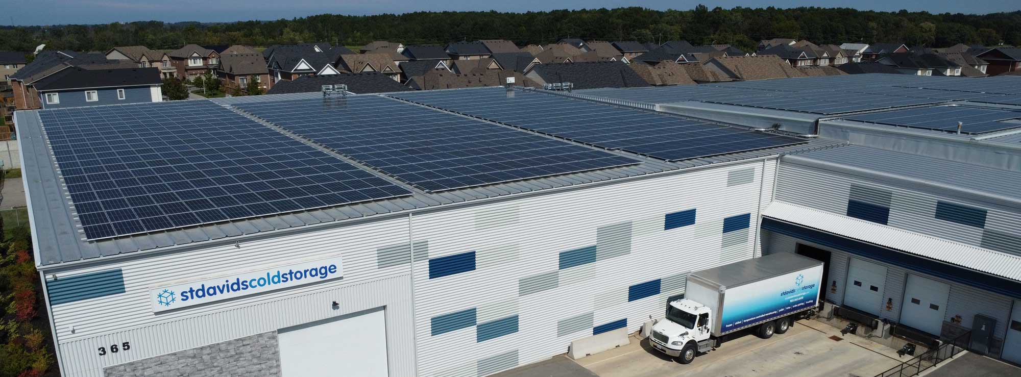 Commercial office building with solar panels on roof