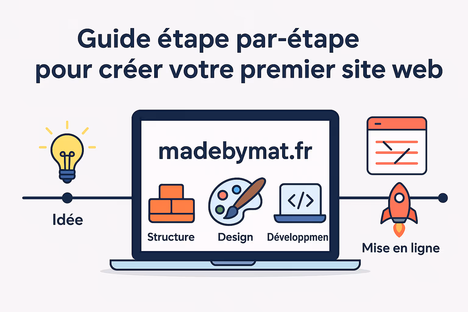 Infographie illustrant les étapes de création d’un site web, de l’idée à la mise en ligne, avec des icônes symbolisant la structure, le design, le développement et un ordinateur affichant le nom de domaine "madebymat.fr".