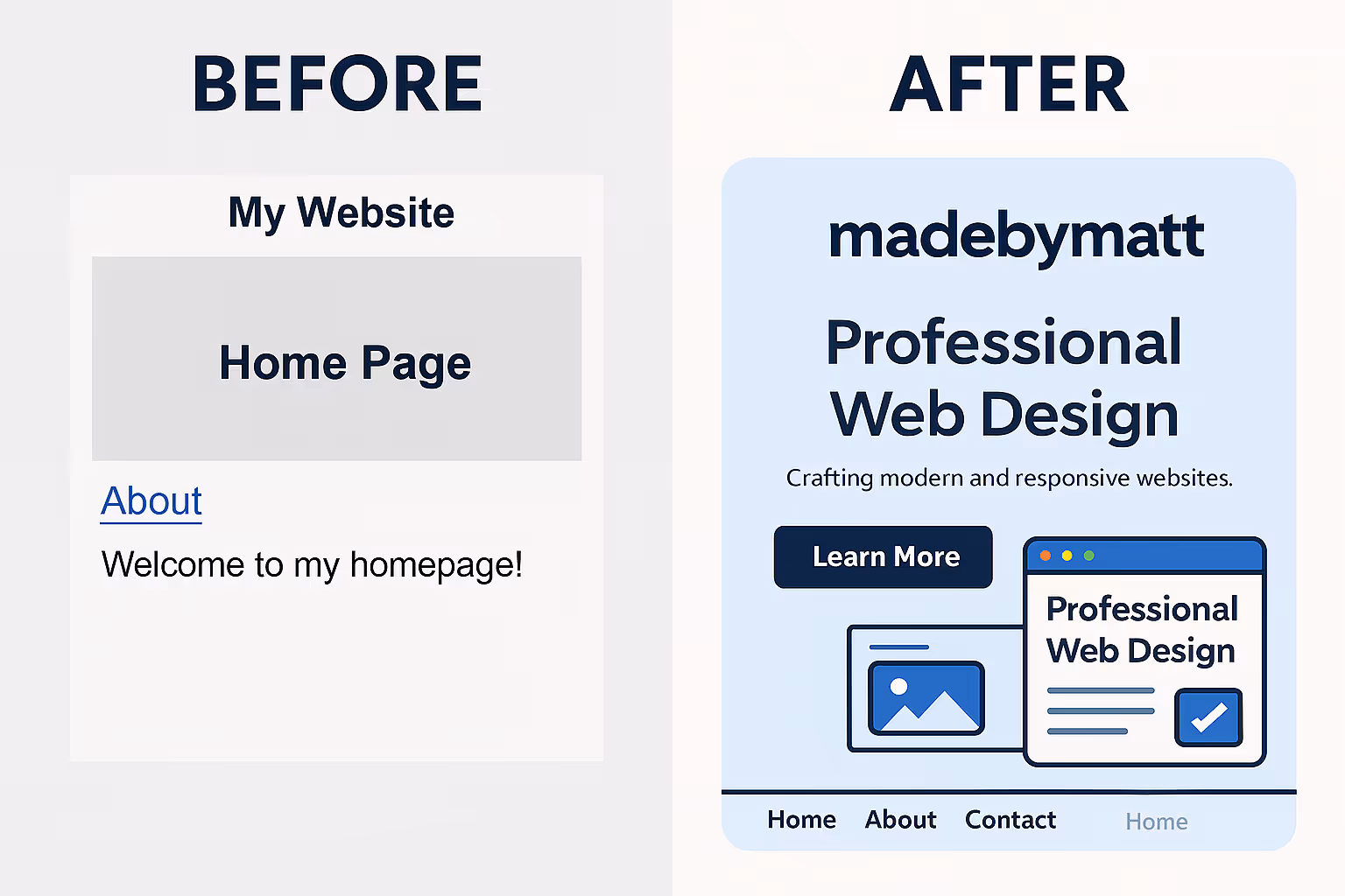 Comparaison avant/après d’un site web : à gauche, une interface basique et datée ; à droite, une version moderne et professionnelle intitulée "madebymatt – Professional Web Design", illustrant l’impact du travail d’un webdesigner.