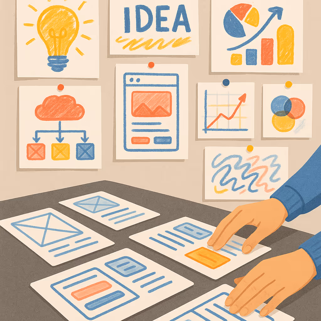 dessin d'une personne qui a de nombreuses feuilles avec des idées posé sur son bureau 