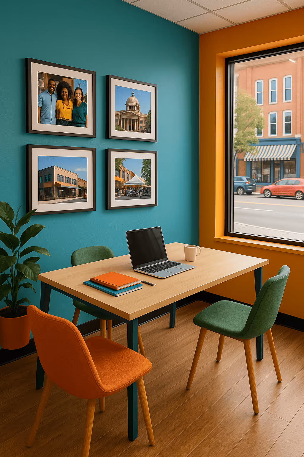 image local commerciale avec un bureau et un ordinateur dessus qui à coté d'une vitre montrant sur la rue