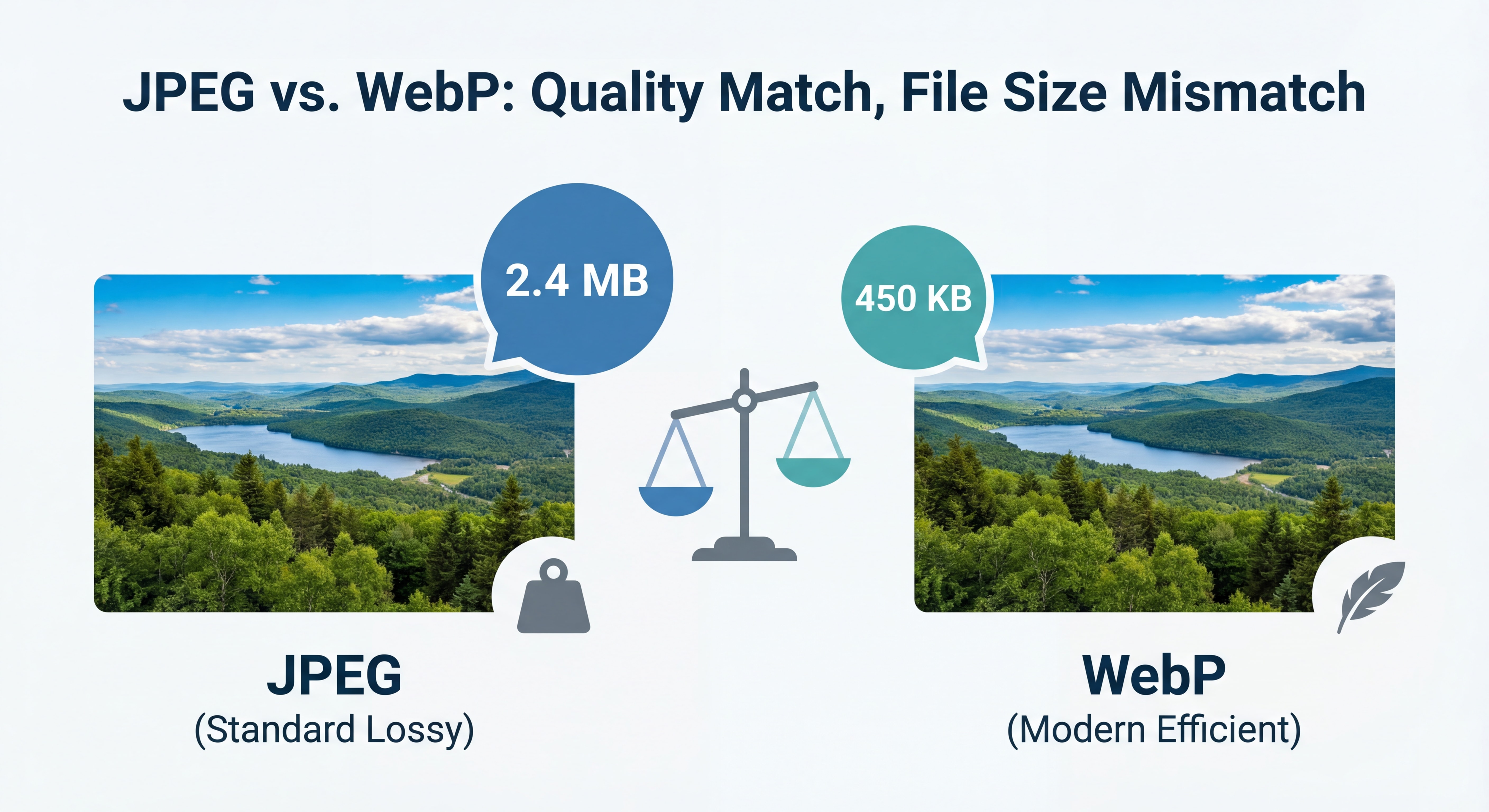 Comparaison visuelle entre une image JPEG et WebP montrant la différence de poids de fichier