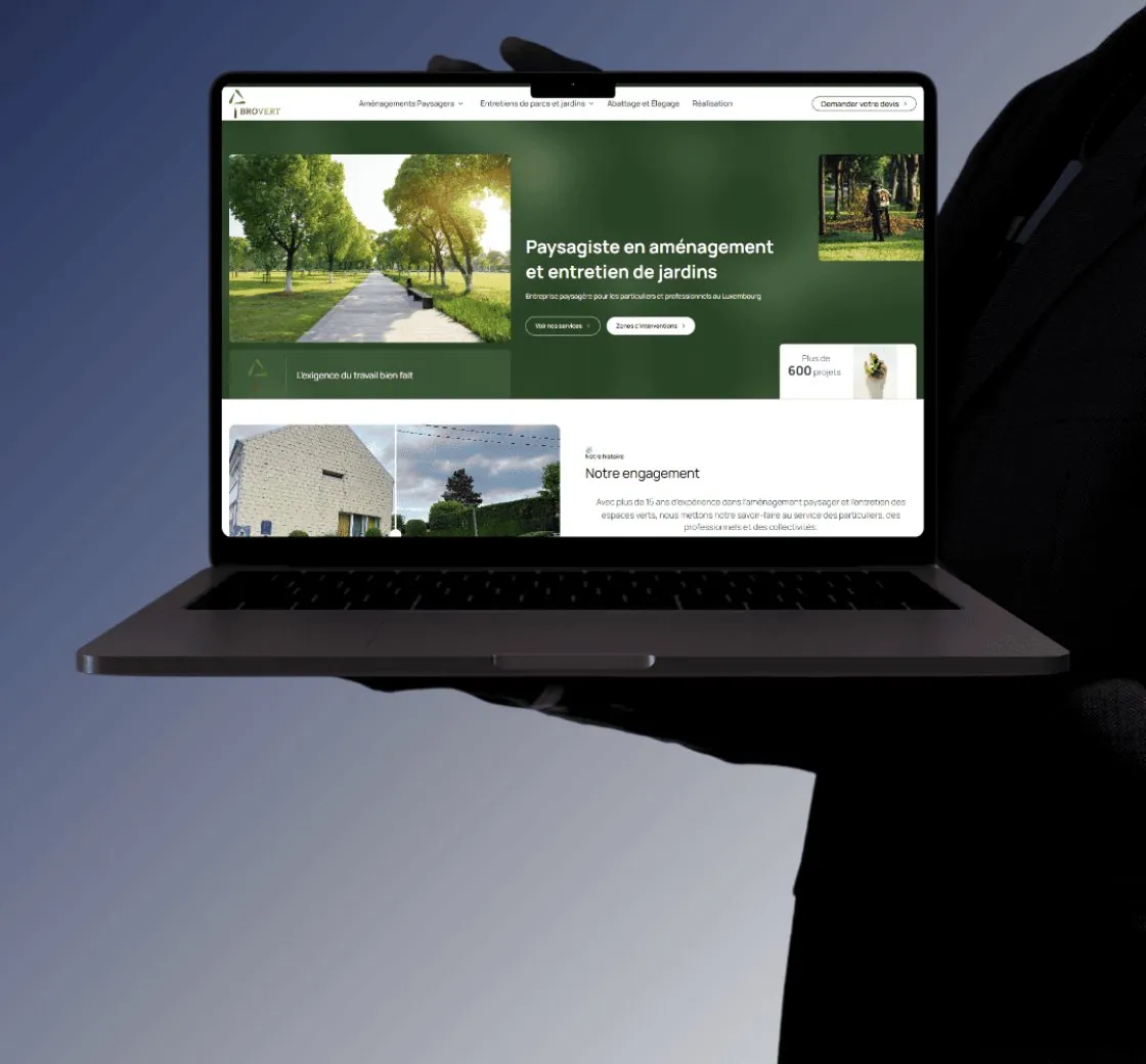 Site de Brovert, paysagiste au Luxembourg, affiché sur un ordinateur portable