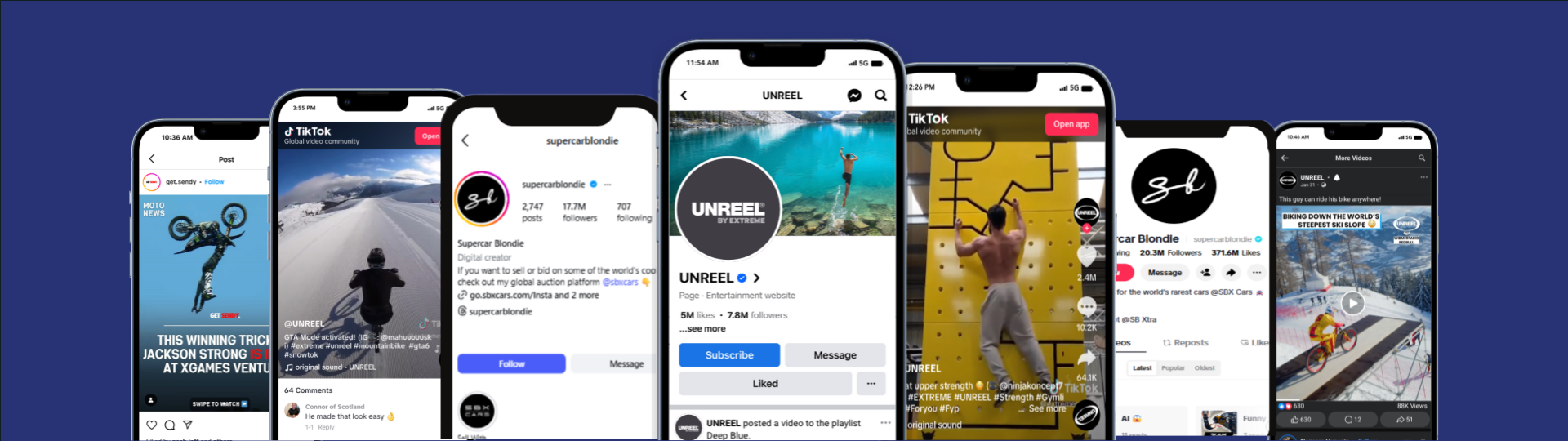 A line-up of phones showing the unreal social media