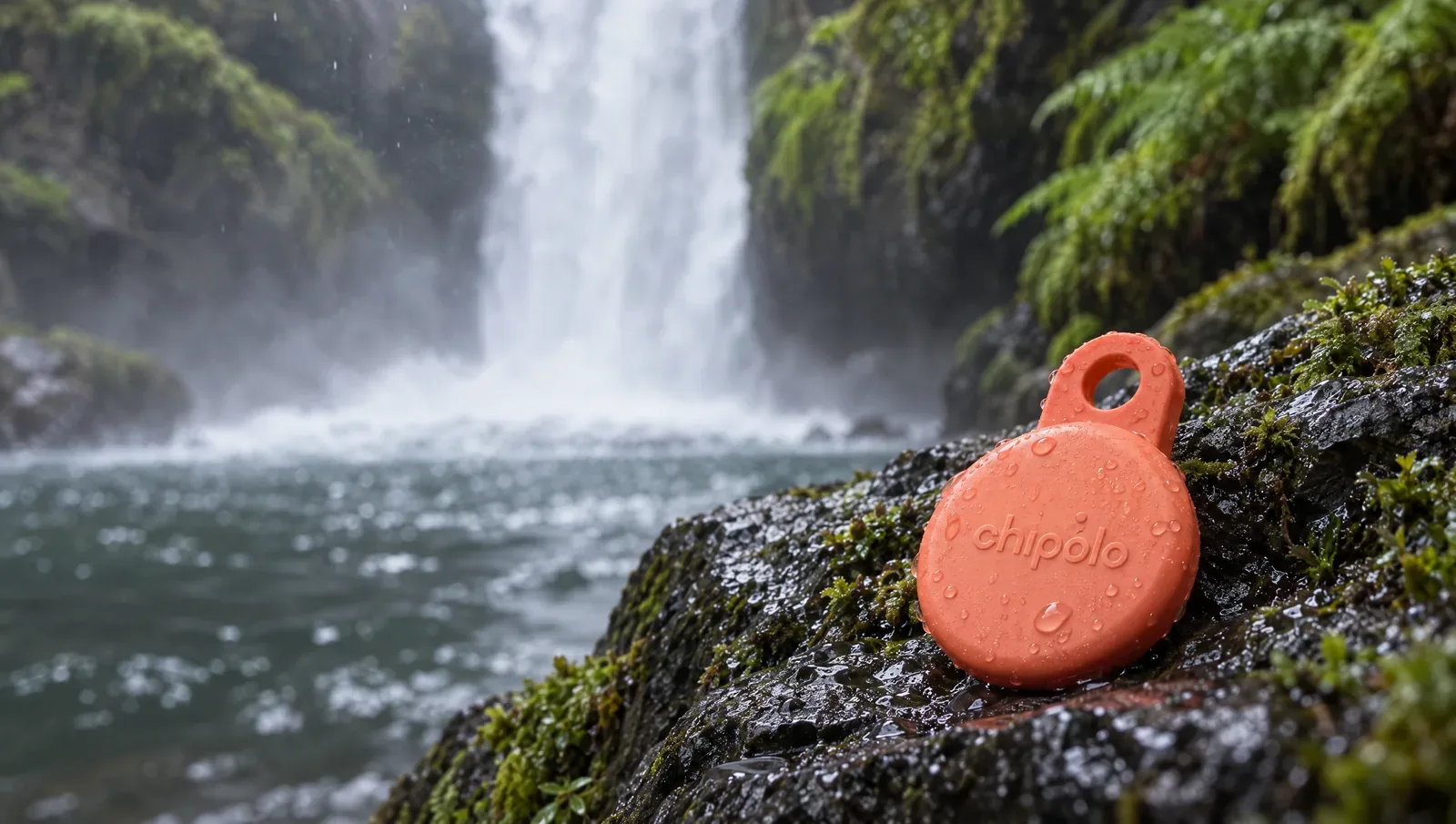 A coral Chipolo LOOP beaded with water rests on a wet mossy rock at the edge of a plunge pool, a waterfall crashing behind it