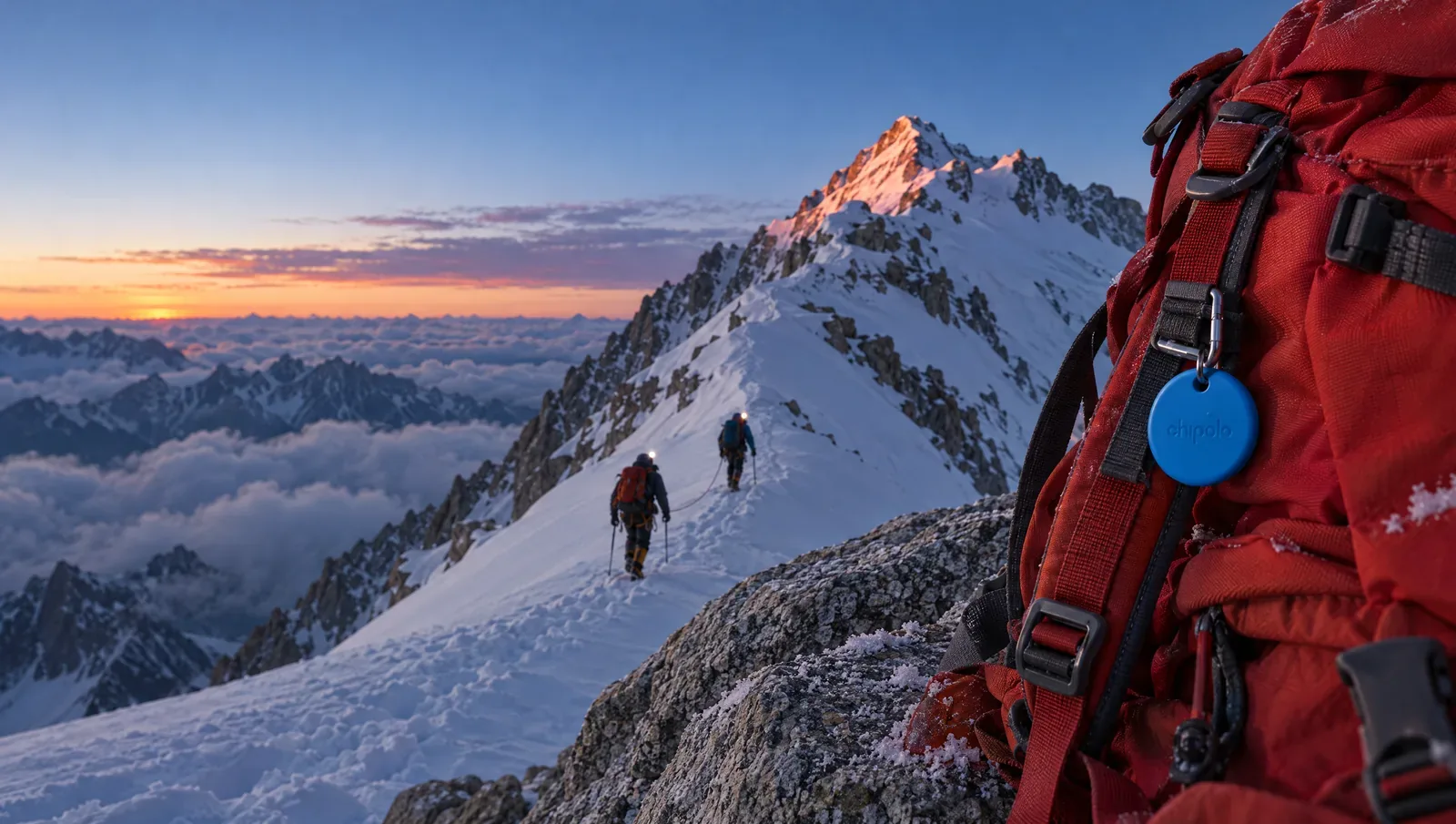 A red mountaineering pack with a blue Chipolo POP rests on a granite boulder while two roped climbers with headtorches move up a snow ridge towards a summit catching the first light