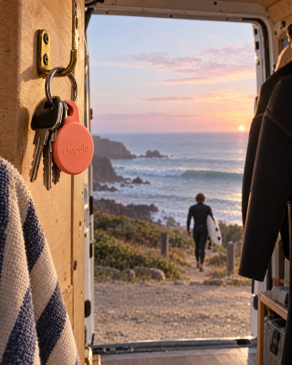 Seen from inside a camper van at dawn: van keys with a coral Chipolo LOOP hang on a hook by the door while a surfer in a wetsuit walks down the cliff path to the sea