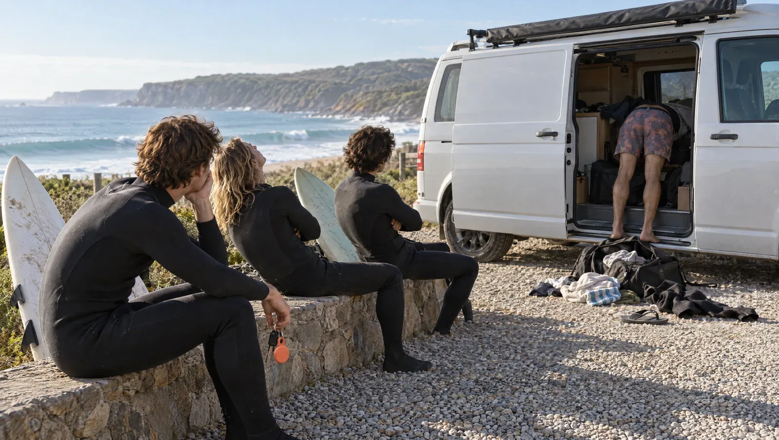 Three surfers in wetsuits sit bored on a stone wall above a surf beach, one dangling keys with a coral Chipolo LOOP, while a fourth friend’s legs stick out of a camper van as he rummages and his bag lies tipped out on the gravel