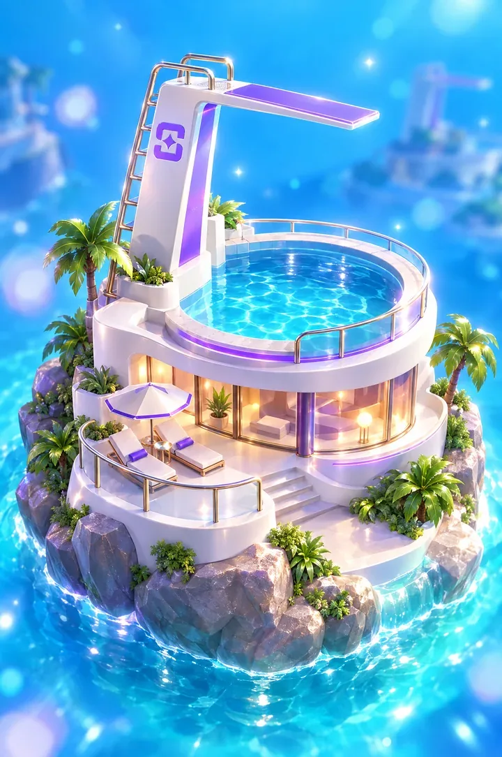 A glossy toy-like white villa on a rock with a high diving board over a round pool