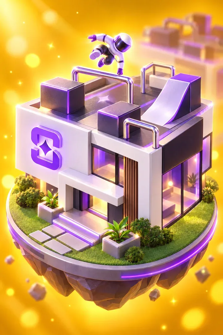 A glossy toy-like house with a parkour course on its roof and a runner flipping over the bars