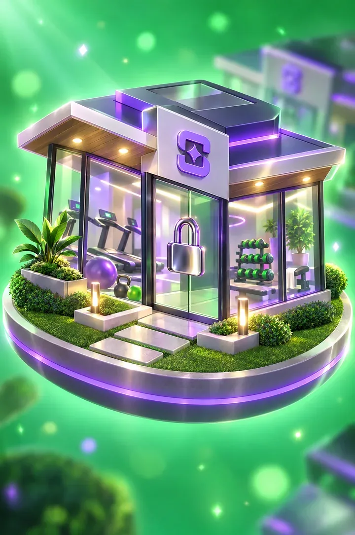 A glossy toy-like glass-walled gym house with a padlock door handle