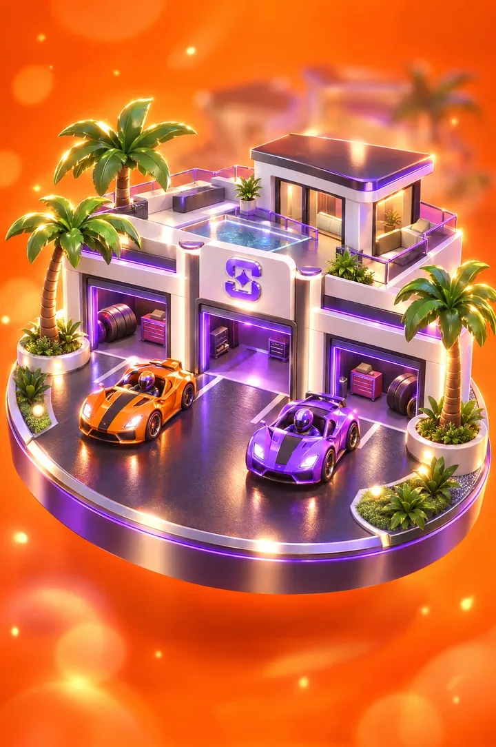 A glossy toy-like villa with three open garages and two sports cars, a Shuffle badge over the middle garage