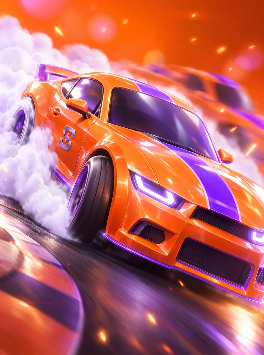 A glossy orange toy-like car drifting sideways in tyre smoke, a Shuffle badge on the door
