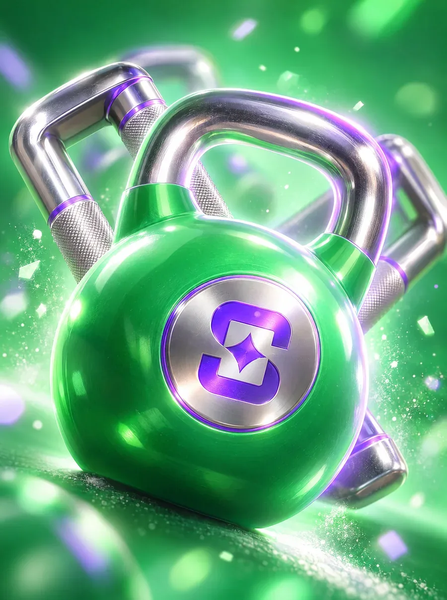 A glossy green kettlebell with a chrome Shuffle medallion and carry handles behind it