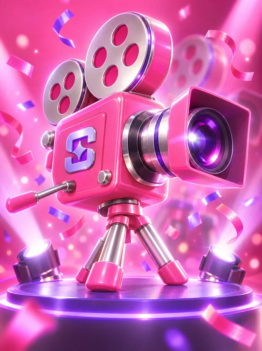 A glossy pink cinema camera with a Shuffle badge on a spotlit stage under confetti