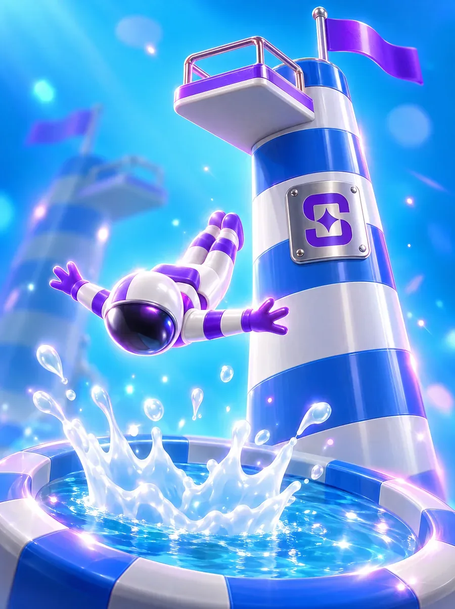 A glossy striped diving tower with a Shuffle plaque and a helmeted diver plunging into a splash