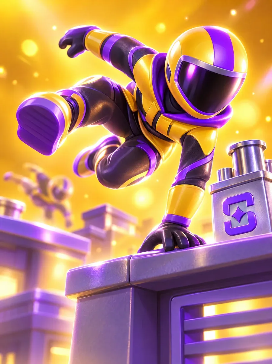 A glossy gold and violet runner vaulting a rooftop parapet beside a chimney with a Shuffle badge