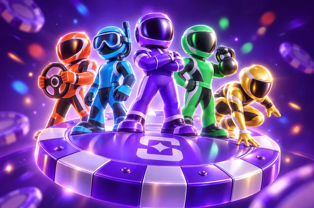 Five glossy helmeted figures, one per world, standing on a violet Shuffle chip around their leader