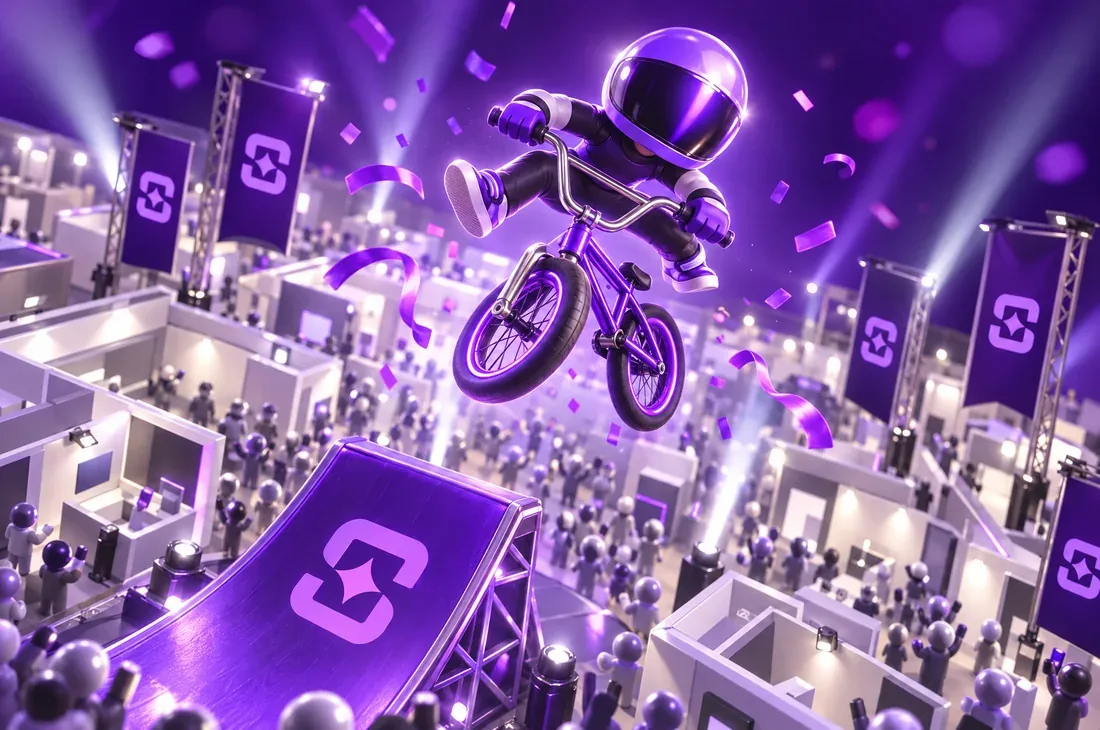 A glossy BMX rider in violet flying off a Shuffle ramp over a miniature exhibition hall full of visitors