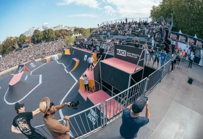 BMX riders and spectators around the ramps at FISE Montpellier