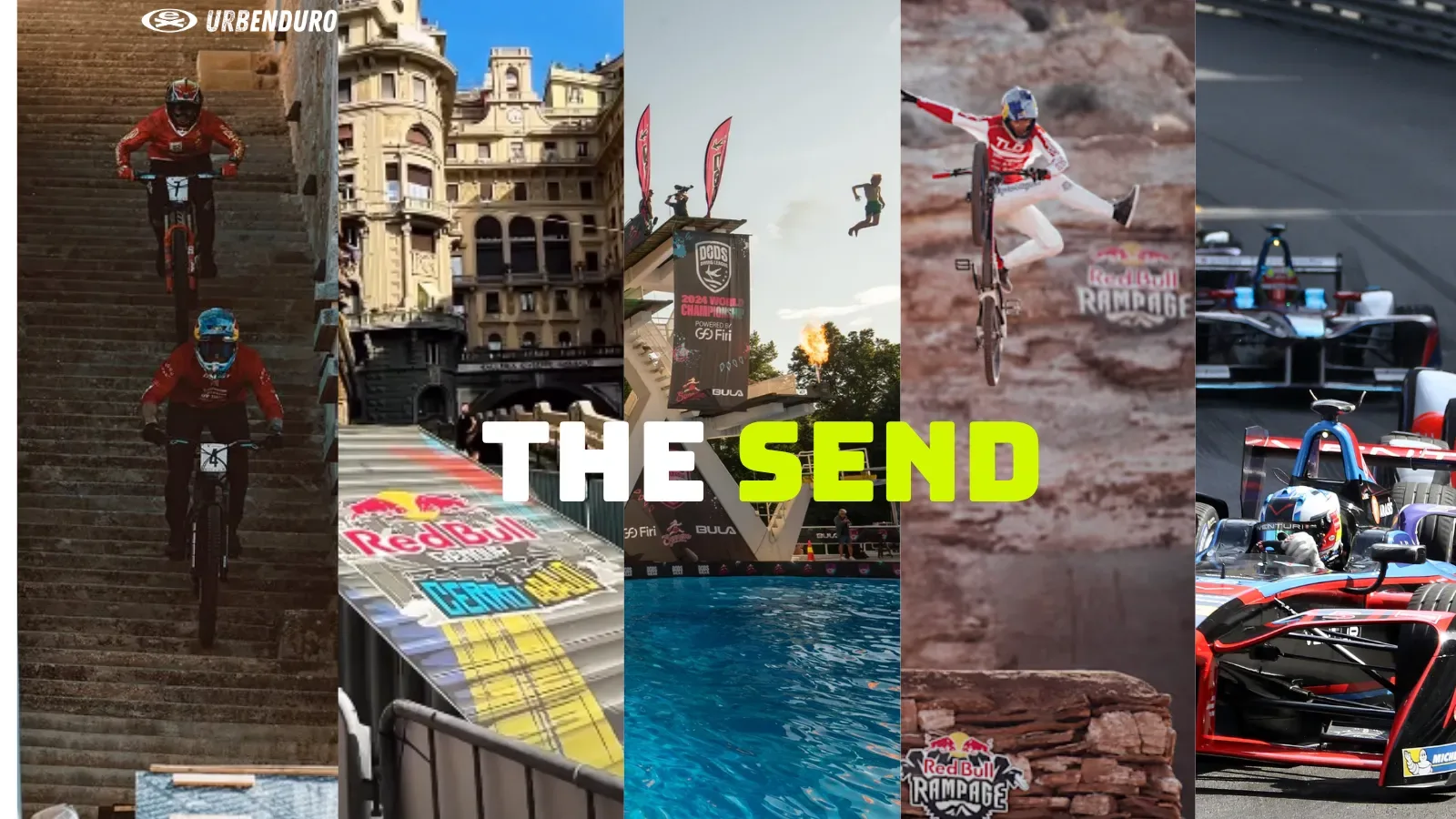 The Send montage featuring urban cycling, death diving, mountain biking and motor racing